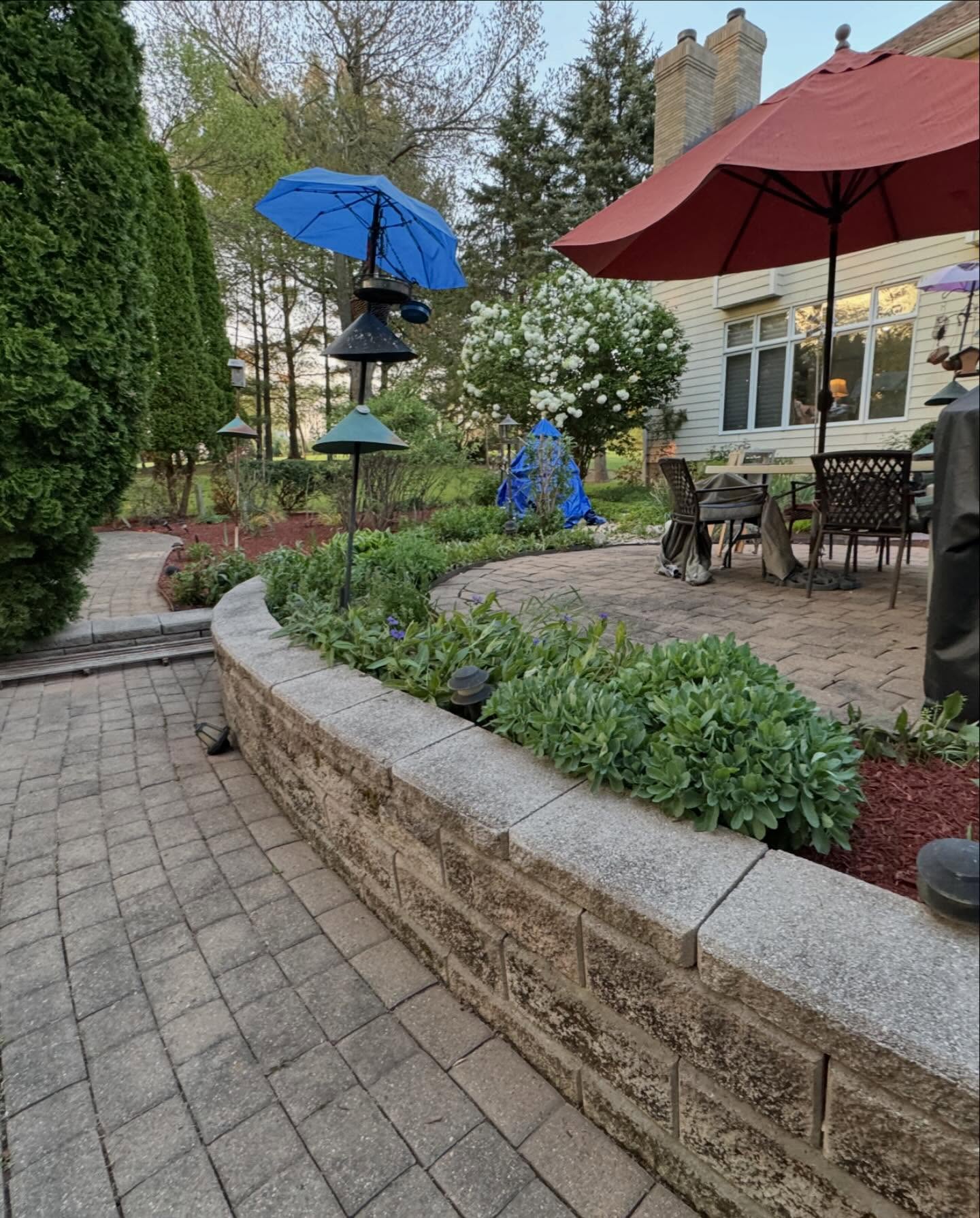 Backyard paver patio with retaining wall and landscaped planting beds