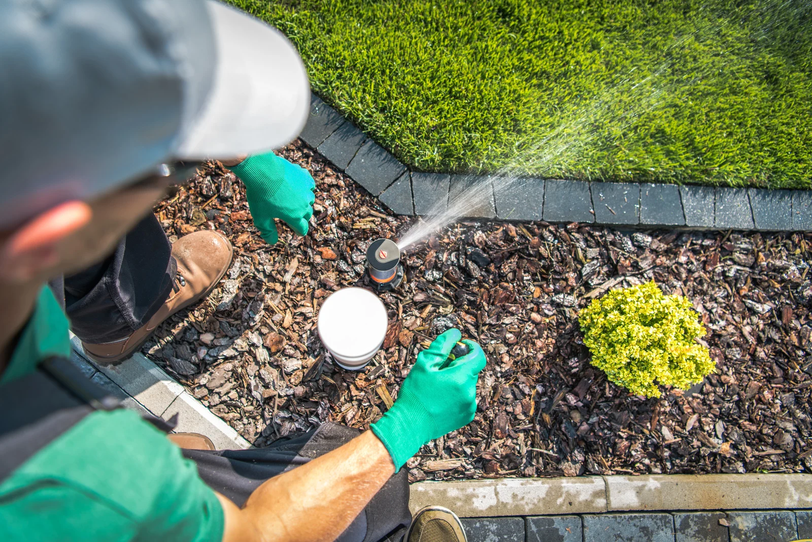 Worker adjusting a sprinkler head on a lawn